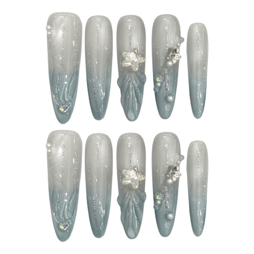(2983) Blue Cat Eye Fake Nails - 10PCS Unbreakable 2
