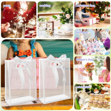 20Pcs Clear Plastic Gift Bag with Die Cut Handles Reusable Flower Candy Bag with Ribbon White