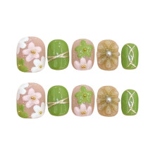 (2901) 10PCS Floral Fake Nails - Pink & Green, Party & Daily Wear