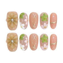 (2903) 10PCS Floral Fake Nails - Pink & Green, Party & Daily Wear
