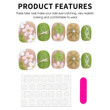 (2901) 10PCS Floral Fake Nails - Pink & Green, Party & Daily Wear
