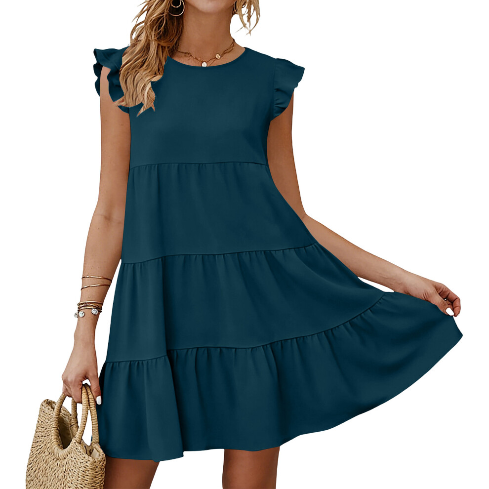 Blue/Green Women's Dresses Sleeveless Ruffle Sleeve Round- L