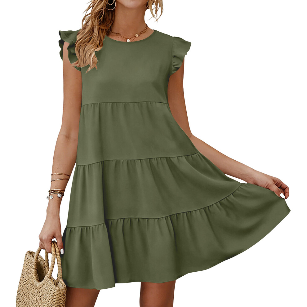 Green Women's Dresses Sleeveless Ruffle Sleeve Round Neck- S