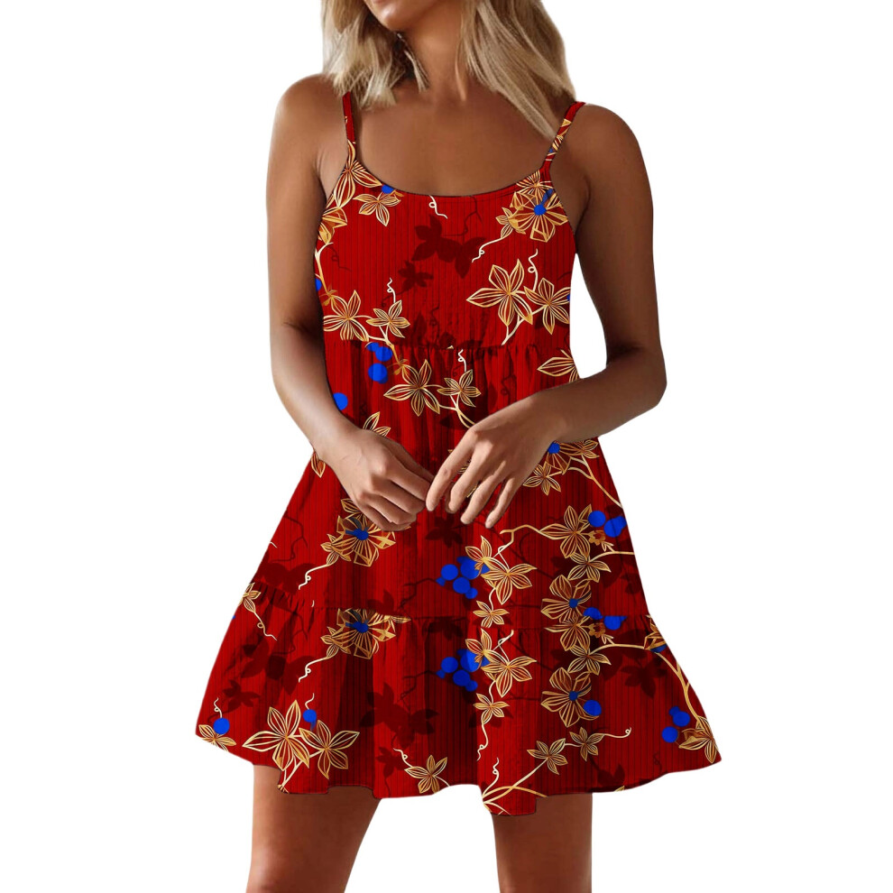 Women Spaghetti Strap Ruffle Tiered Short Flowy Dress-Red S
