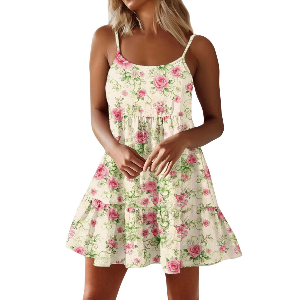 Women Spaghetti Strap Ruffle Tiered Short Flowy Dress-Beige M