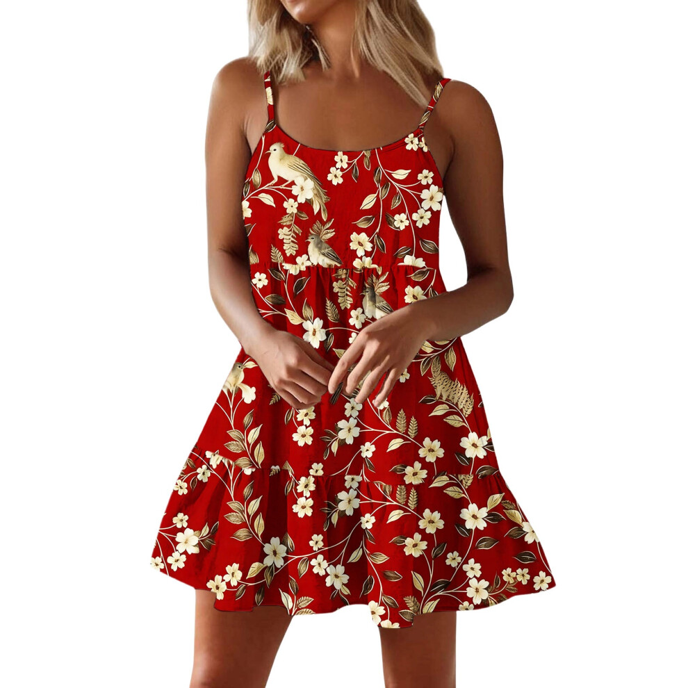 Women Spaghetti Strap Ruffle Tiered Short Flowy Dress-White L