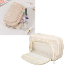 Large Capacity Oxford Pencil Case with Multiple Compartments Beige for Office Travel