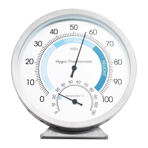 Termômetro de precisão para ambientes internos, com visor analógico compatível com controle preciso de temperatura e umidade, e carcaça durá