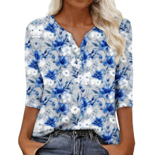 Women's sleeve V-neck T-shirts for Spring comfortable,-Blue L