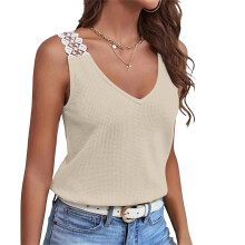 Women Sleeveless Vest Casual Lace Patchwork Knit Top-Beige L
