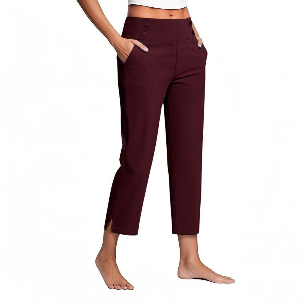 Womenâs  Work Pants High Waist Pull on Wide Leg-Burgundy S