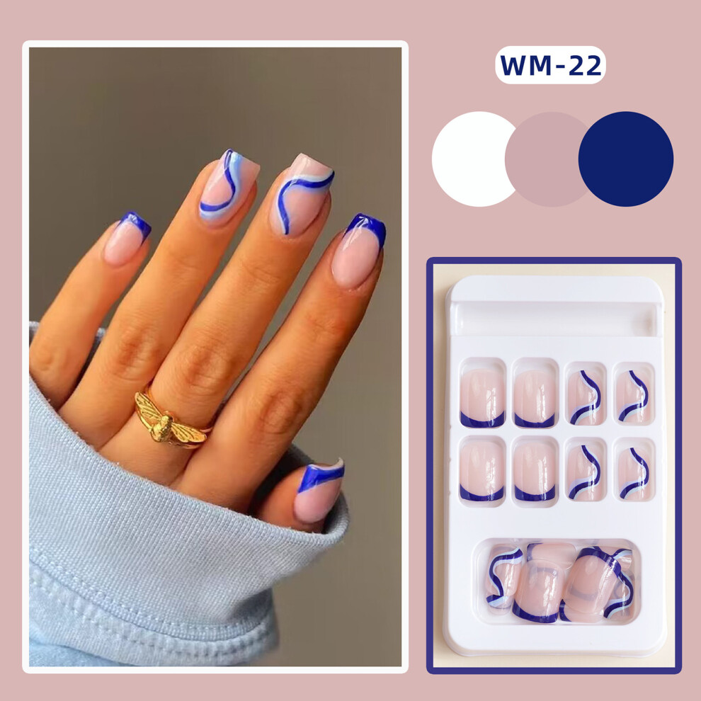 Phui-Pet-Supplies 24Pcs French Nude False Nails Blue Wavy Design