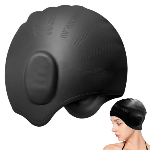 (Black) Soft Silicone Swim Cap for All Hair Types