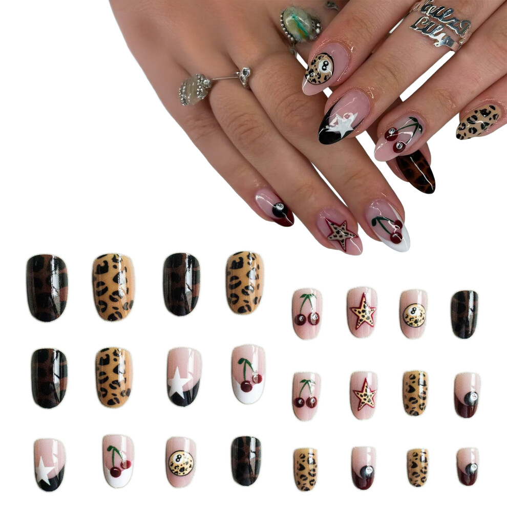 Roc-Electron 24Pcs Leopard Star Cherry Press On Nails Glossy Women