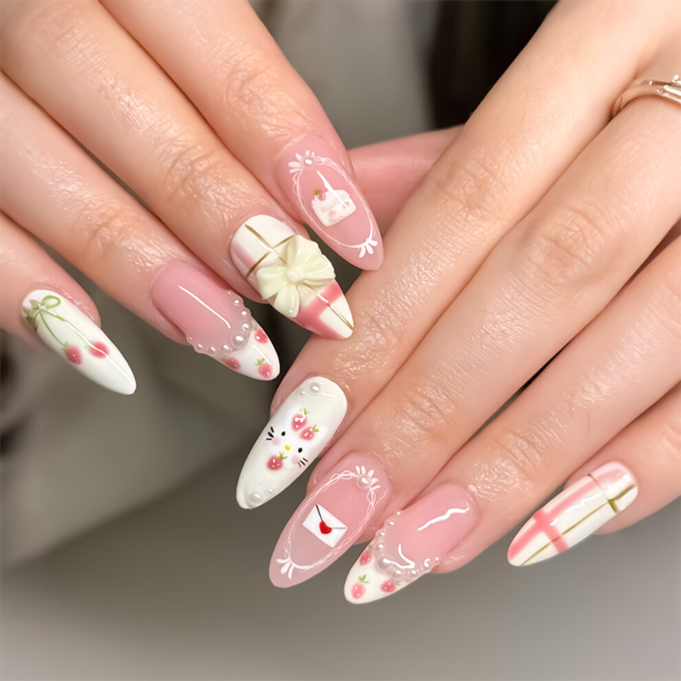 Hue-Grain Cherry Print Reusable Press On Nails - Pink & White