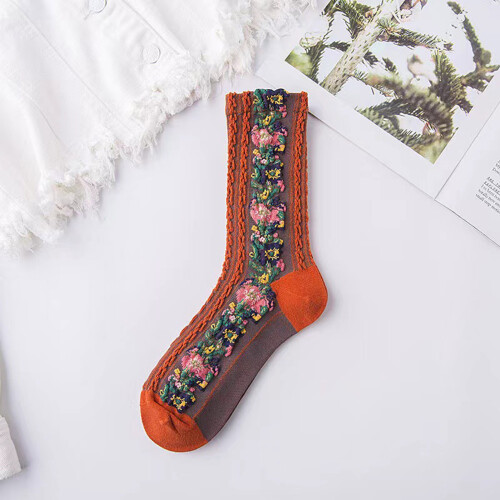 (Orange) Women\'s Ethnic Jacquard Crew Socks 2