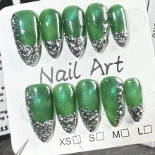(XS) 3D Press-on Nails, Green Almond, Unbreakable & Natural