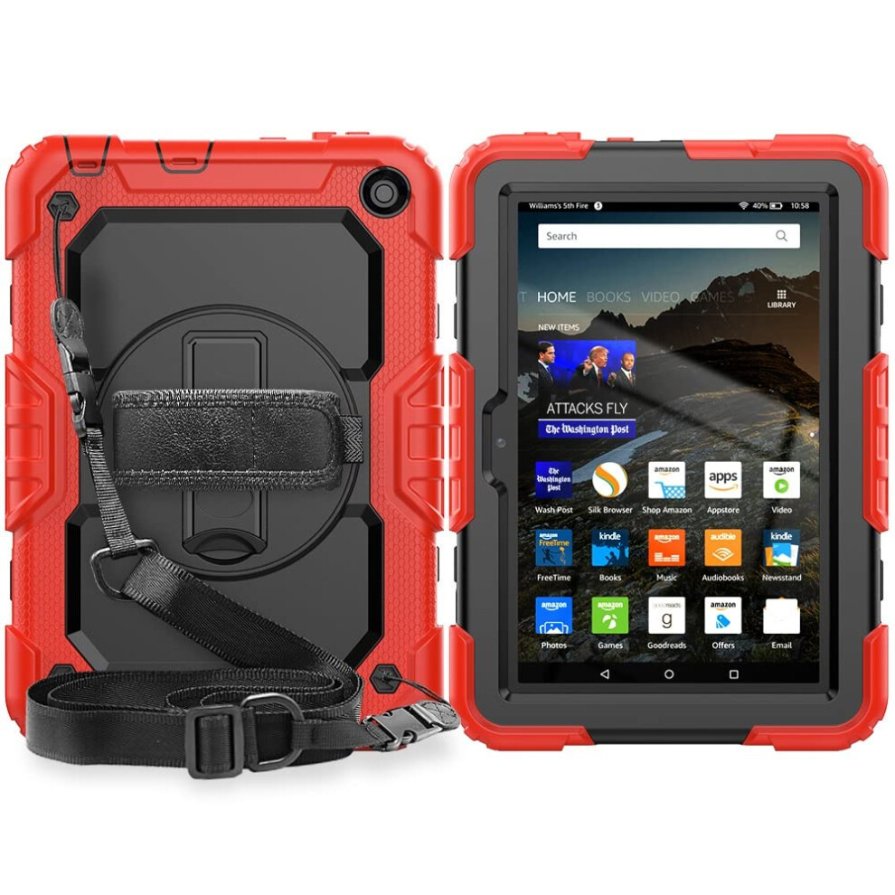 Heavy Duty Shockproof Case For Kindle Fire Hd 8 With 360 Rotating Kickstand Shoulder Strap And Screen Protector 9330225060819