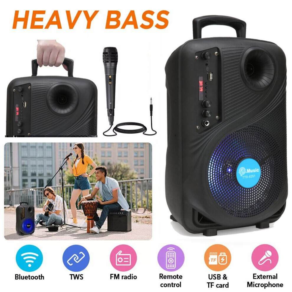 8In Bluetooth Speaker W/ Mic Microphone Subwoofer Heavy Bass Sound System Party 703052547485
