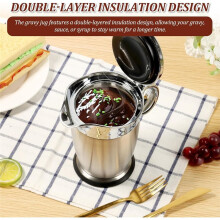 Salsera Térmica de Acero Inoxidable 304, Recipiente para Salsa de Doble Pared de 750 Ml, con Tapa Plegable y Asa.
