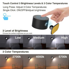Appliques Murales LED avec Télécommande, 3 Couleurs et Variateur, Magnétique, Rotative à 360, Rechargeable, 2000 MAh.