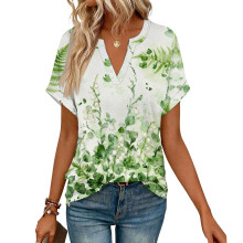 Women's Short Sleeve V-Neck Blouses, Work Blouses,-Green L