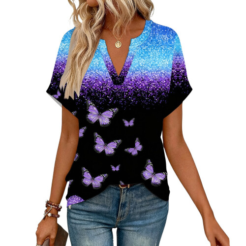Women's Short Sleeve V-Neck  Blouses, Work Blouses,-Black M