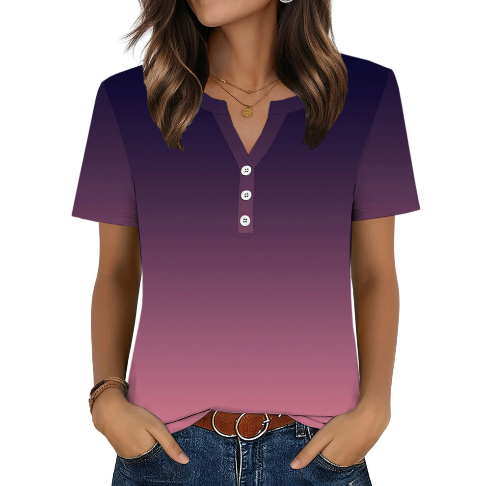 Womens Tops V Neck Short Sleeve Shirts Casual Blouse-Purple XXL