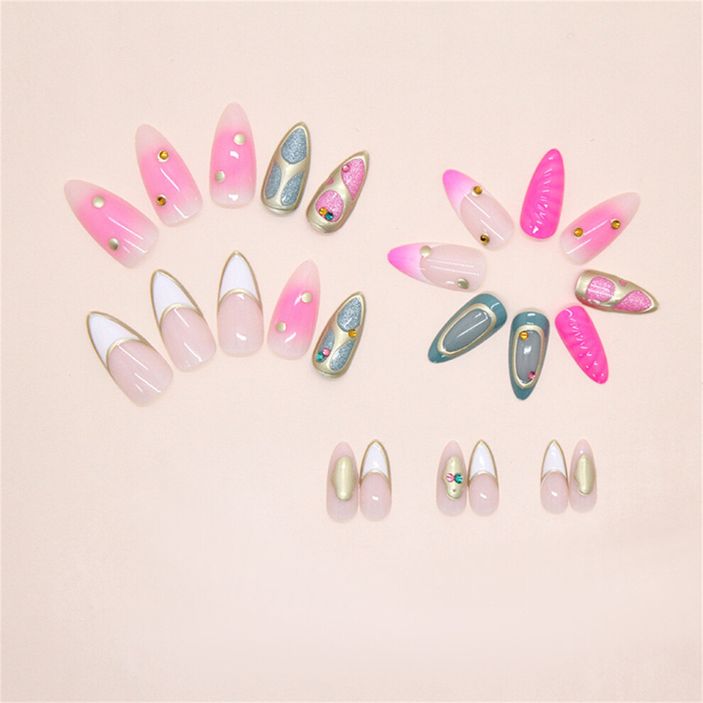 Phui-Pet-Supplies 24Pcs Rose Ombre Press On Nails W/ Glossy Cat Eye & Rhinestones