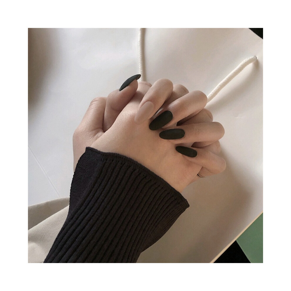 Hue-Grain 27G Black & Khaki Fake Nails - Frosted Round Cover
