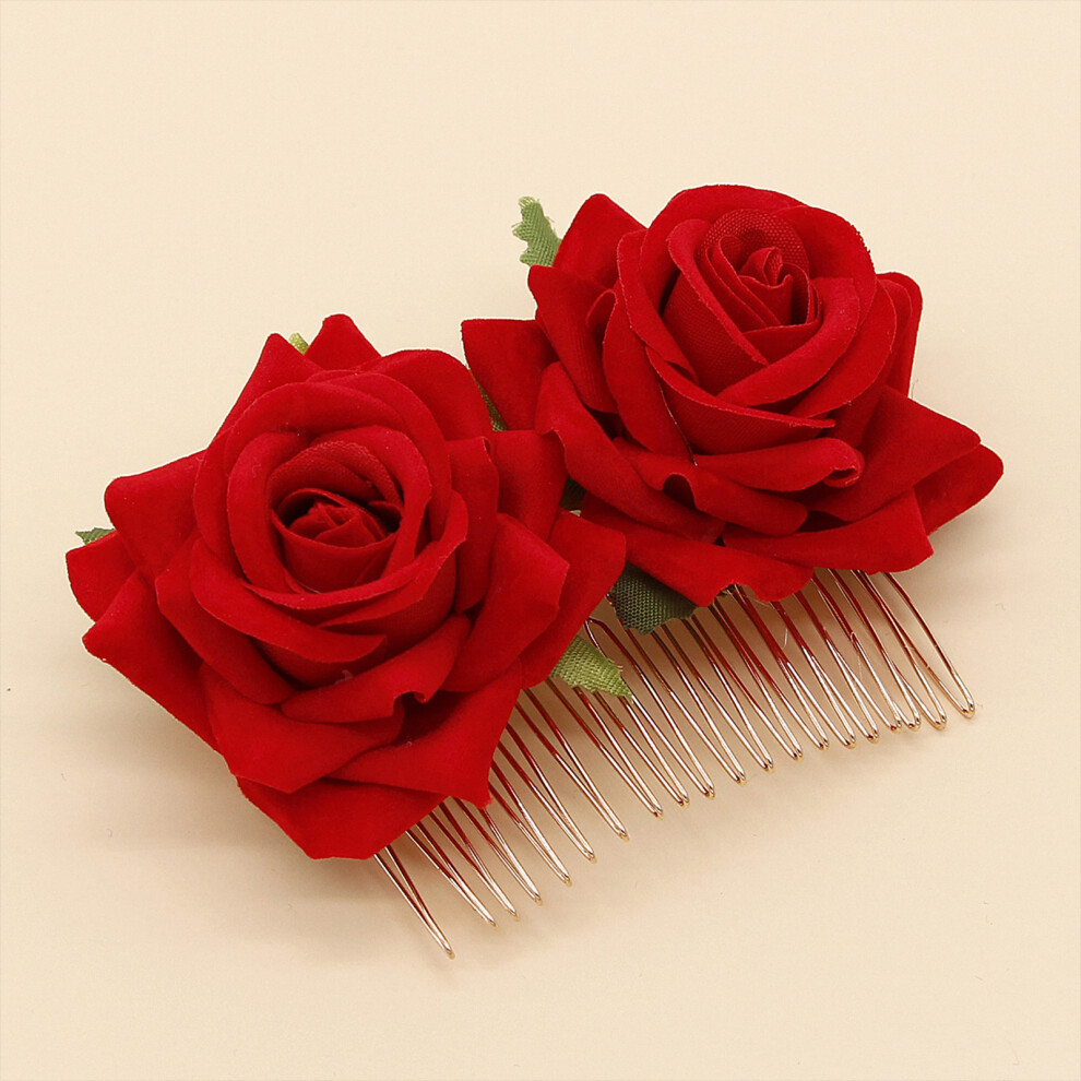 Dcph-Clothing (Red) Bridal Rose Hair Comb For Wedding & Party