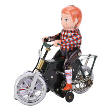 Vintage Metal Wind-Up Boy Biking with Dog