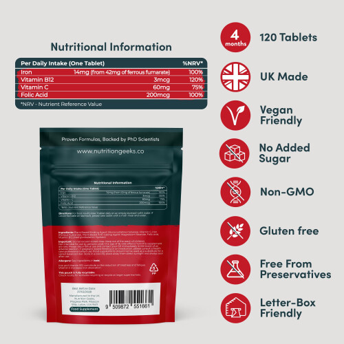 Iron Tablets High Strength - Energy Tablets with Vitamin C, B12 & 2