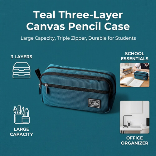 (Peacock Blue) 3-Layer Canvas Pencil Case, Durable & Stylish 1