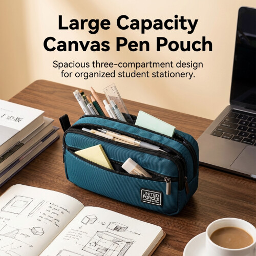 (Peacock Blue) 3-Layer Canvas Pencil Case, Durable & Stylish 2