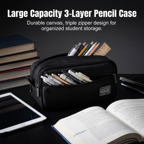 (Black) 3-Layer Canvas Pencil Case, Durable & Stylish 1