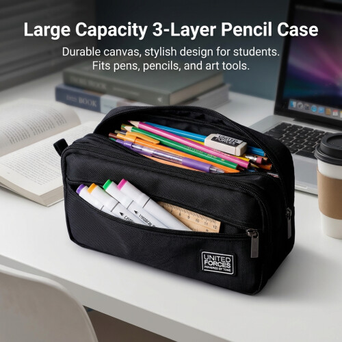 (Black) 3-Layer Canvas Pencil Case, Durable & Stylish 2