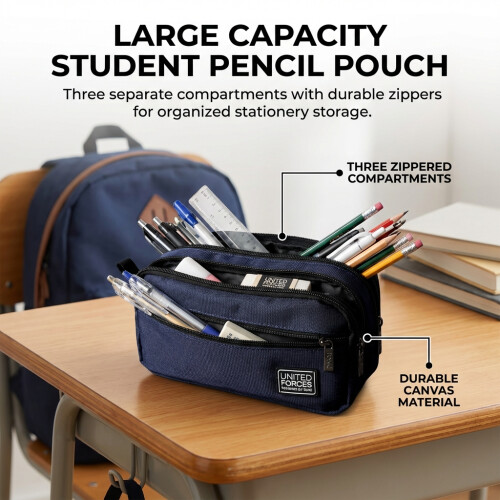 (Blue) 3-Layer Canvas Pencil Case, Durable & Stylish 1