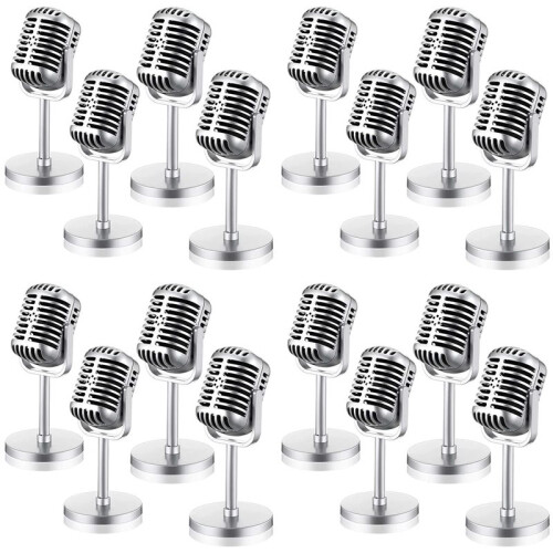 16 Pçs Adereços de Microfone Retrô Modelo Microfone Vintage Antigo Microfone de Brinquedo Microfone Decoração de Mesa de Palco, Prata