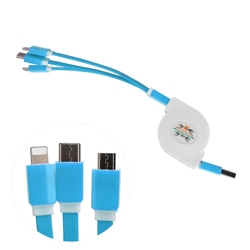 3 In 1 Usb Retractable Charging Cable For Ios,Type C, Micro, Blue 8401391216537