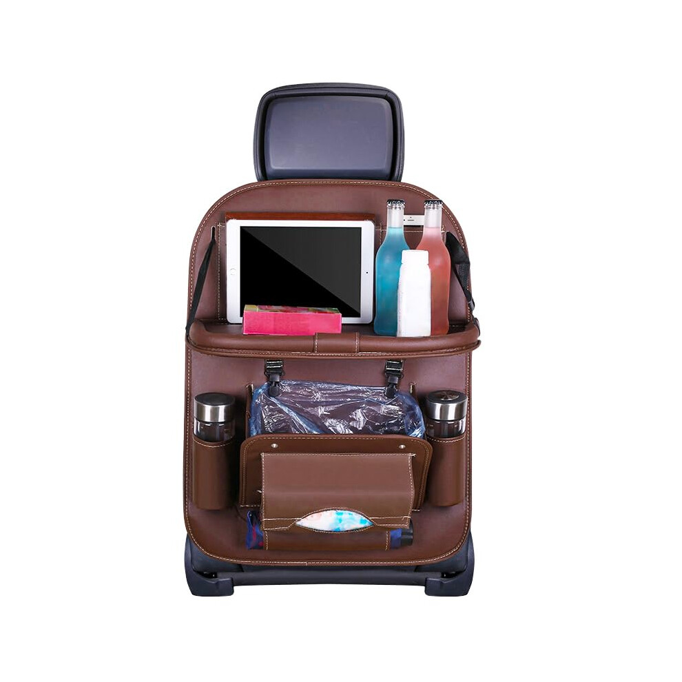 Car Backseat Organizer For Tesla Model Y Model 3, Pu Leather Seat Back Organizer With Foldable Table And Multipocket Storage Brown 9092120259759