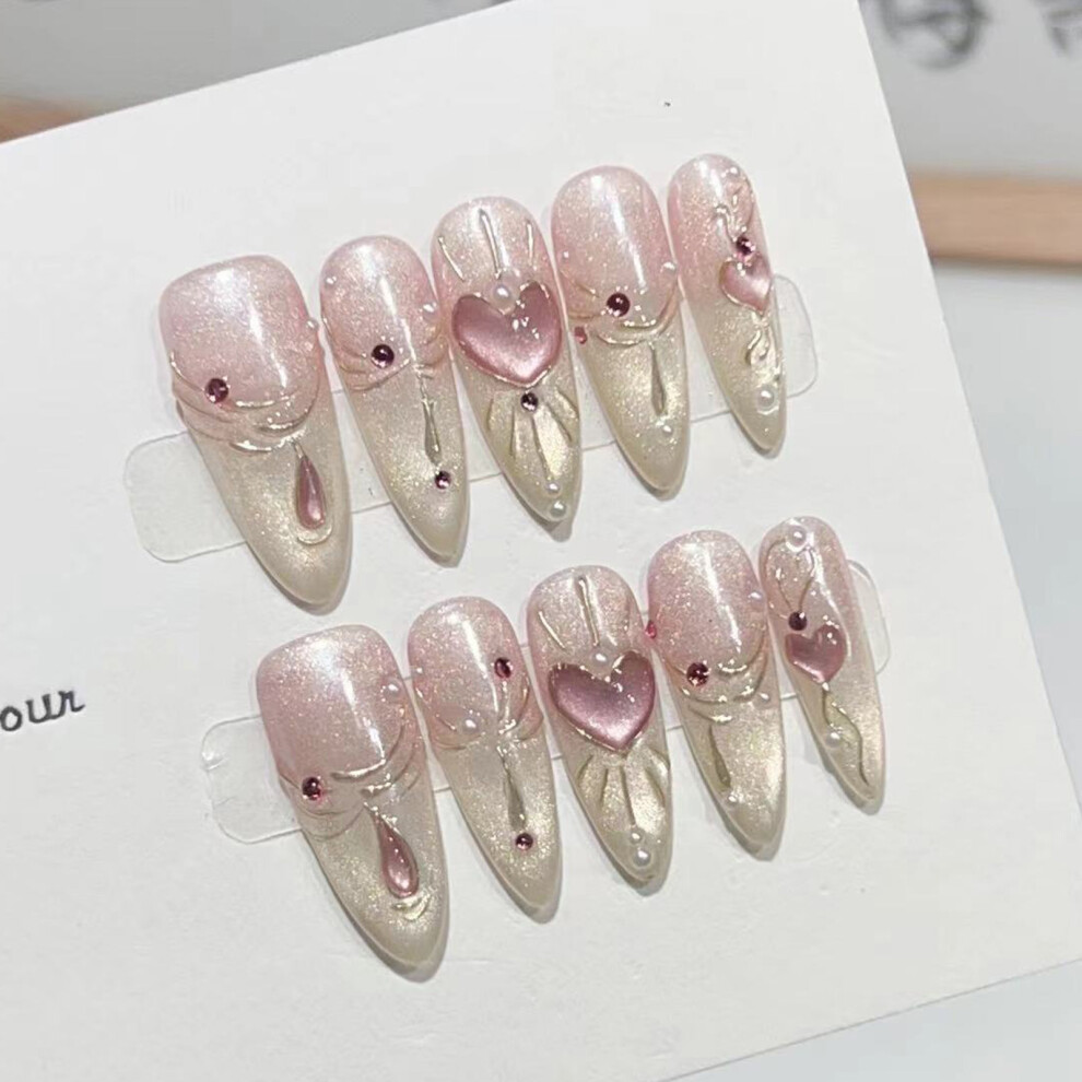 Roc-Electron (M) 10Pcs Pink Almond Fake Nails With Cat Eyes Design