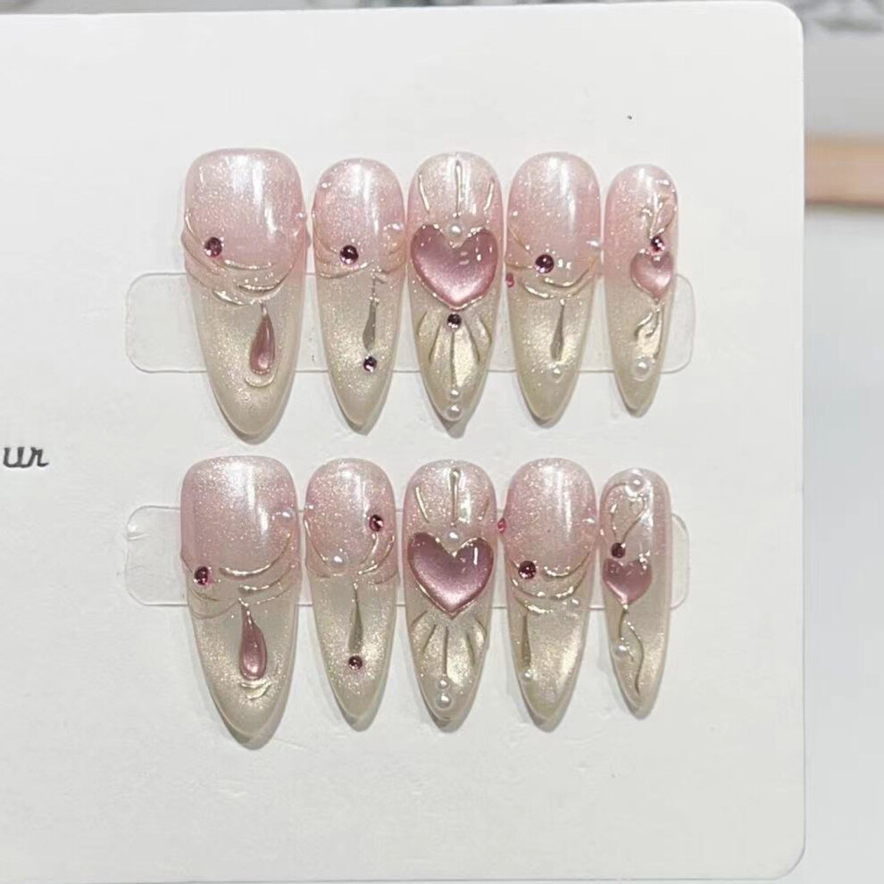 Roc-Electron (Xs) 10Pcs Pink Almond Fake Nails With Cat Eyes Design