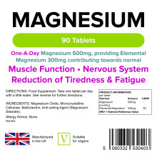 Lindens 500mg Magnesium Tablets | 90s 1-a-Day | UK Made | Tiredness, Muscle Function, Energy, Bones, Teeth, Nervous System | Letterbox Friendly | Veg