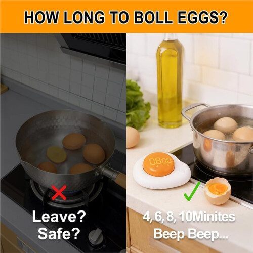 Egg Timer - Magnetic Kitchen Timer with Large LED Display & Preset Buttons (8 Min Soft Boiled) Easy Manual Rotating Dial 2