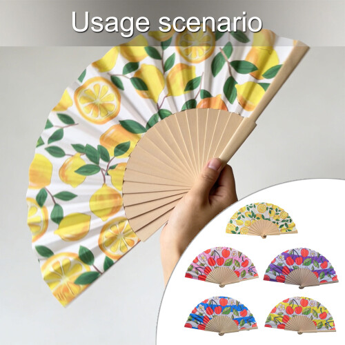 7Inch Lemon Cherries Pattern Wood Folding Hand Fan Portable-4 2