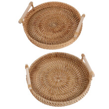 2Pcs Round Rattan Serving Tray Natural Material Bathroom Organizer