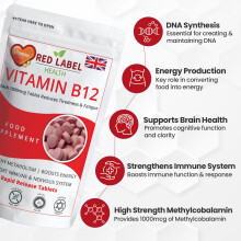 Red Label Health Vitamin B12 Tablets High Strength 1000mcg for Men & Women, Pack
