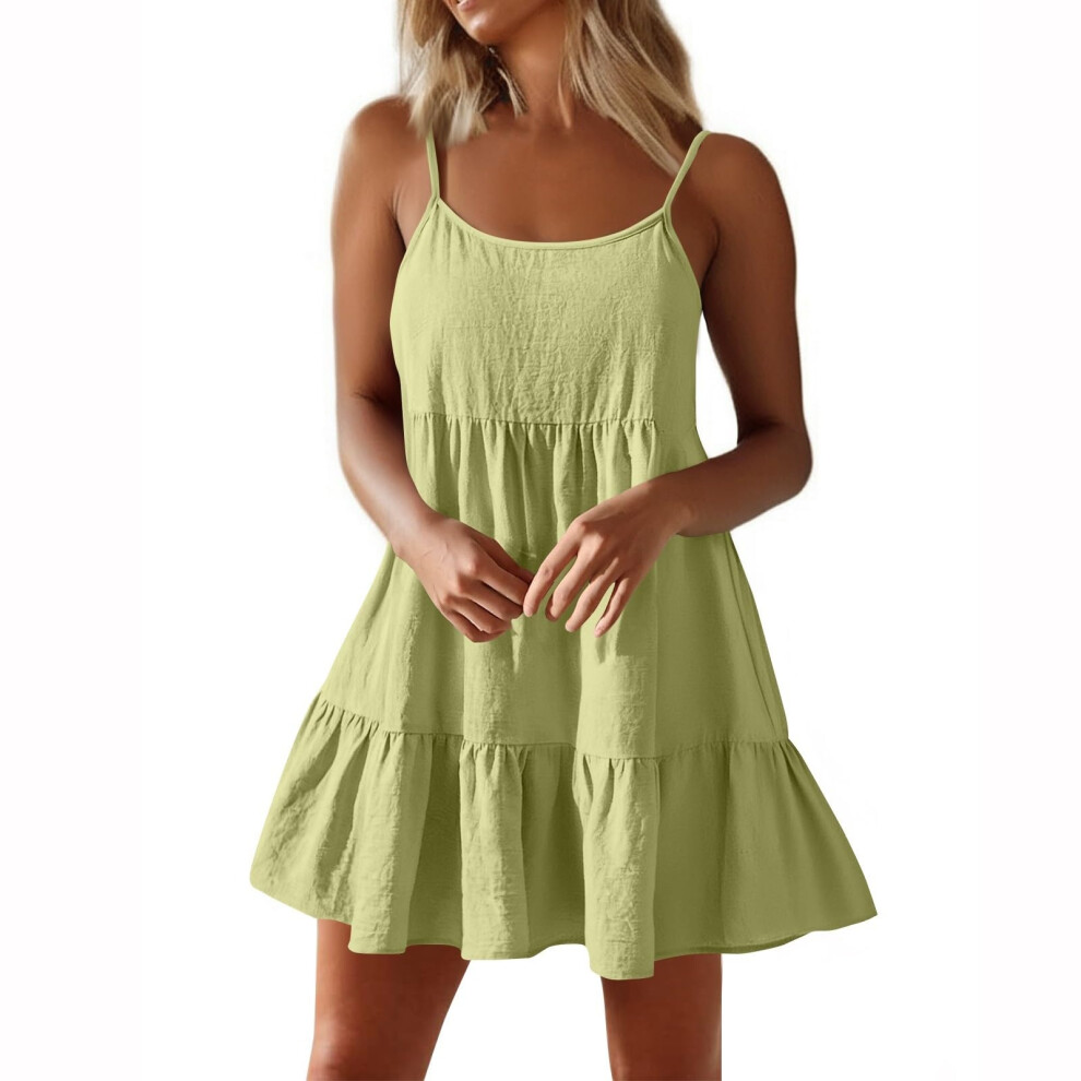 Green Women Spaghetti Strap Ruffle Tiered Short Flowy Dress- Xs