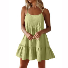 Women Spaghetti Strap Ruffle Tiered Short Flowy Dress-Green M